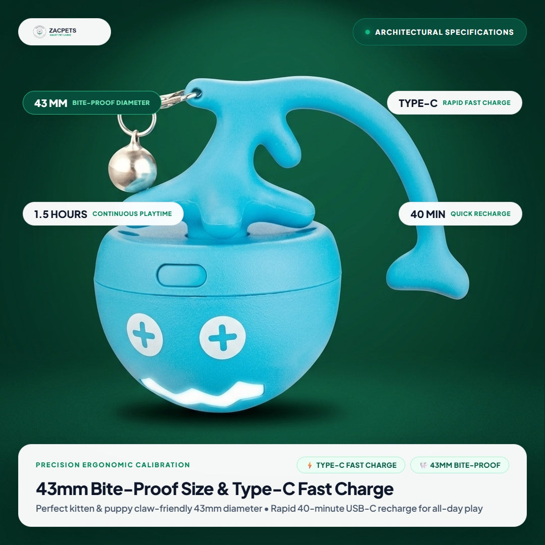 ZacPets™ Smart Motion Ball - 43mm Bite-Proof Diameter & Type-C Fast Charge