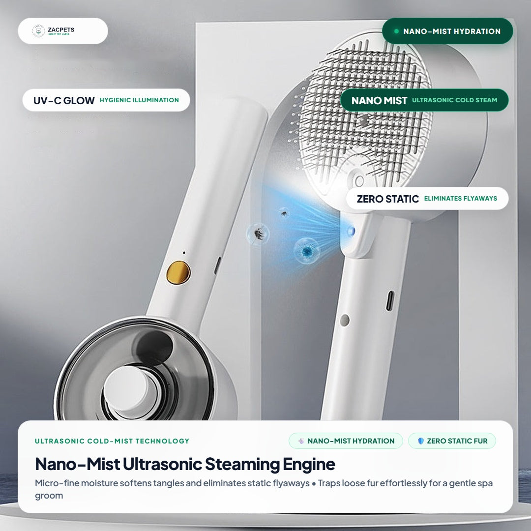 ZacPets™ Steamy Brush - Nano-Mist Ultrasonic Steaming & Coat Hydration