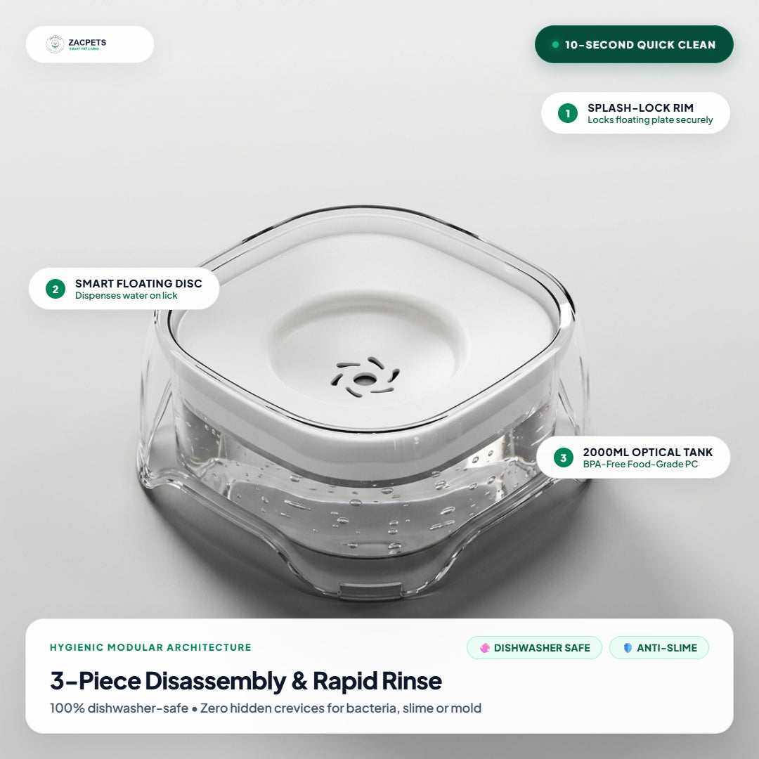 ZacPets Smart Floating Water Bowl - 3-Piece Modular Hygiene & Rapid Rinse