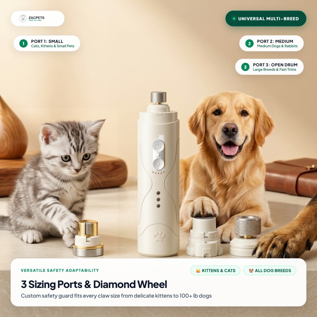 ZacPets™ Nail Grinder - 3 Sizing Ports & Diamond Wheel for Cats and Dogs